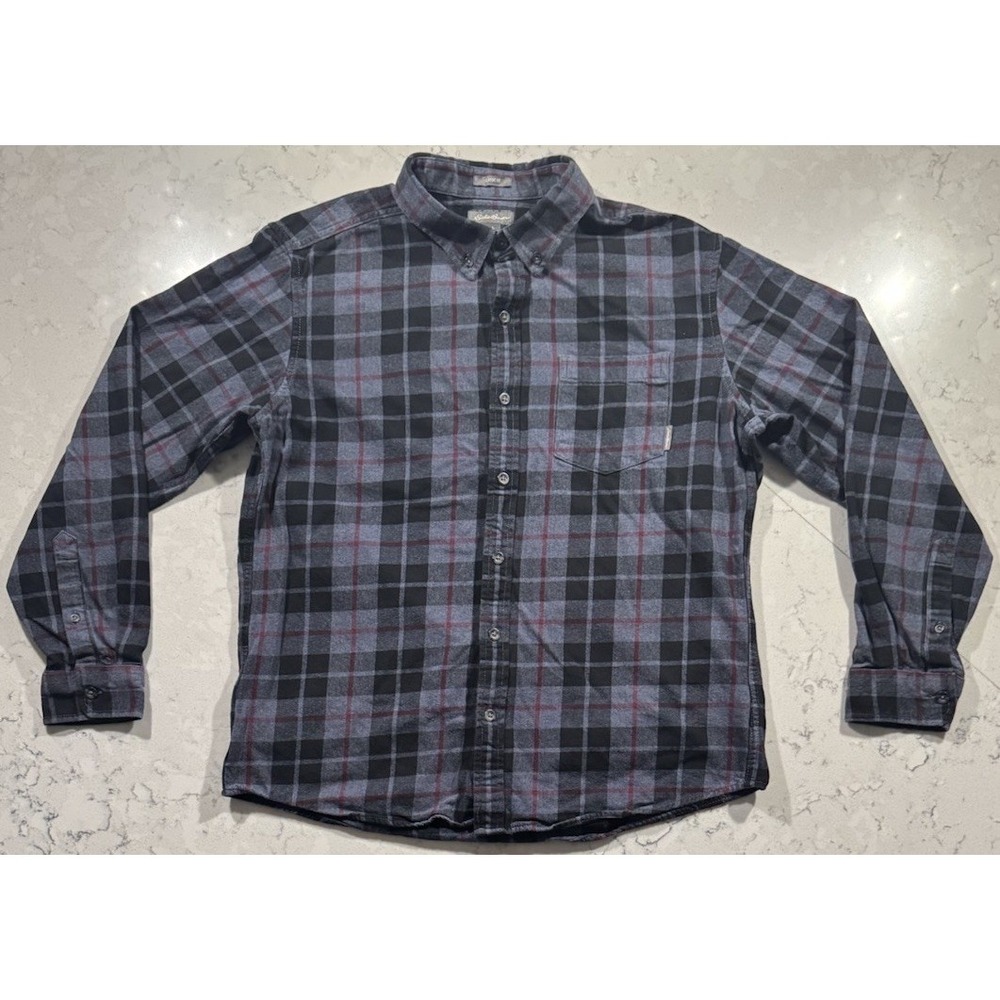 Eddie Bauer Flannel Shirt Mens Large Gray Black Plaid Button Down Long Sleeve
